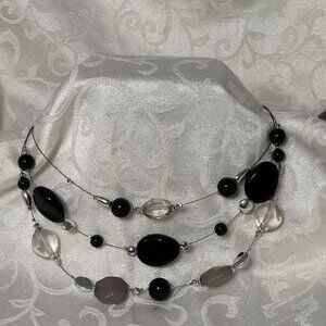 GUC 19.5in. Layered Necklace Black Silver Clear & Grey Beads Wire With Extender